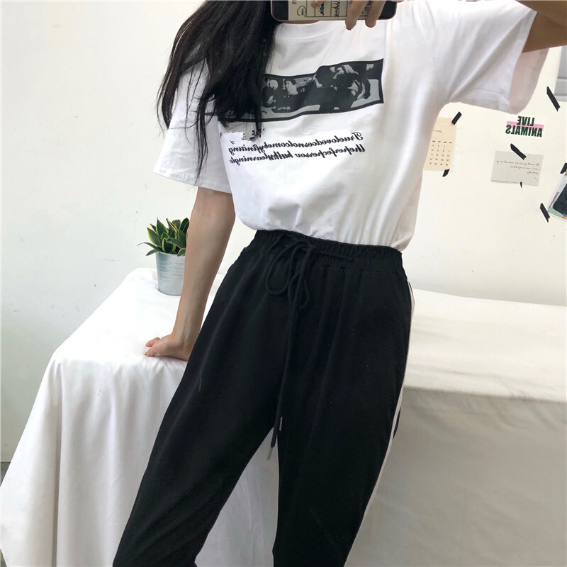 韩版运动休闲套装夏装女装宽松字母短袖T恤上衣+小脚哈伦裤两件套红色T+裤子均码