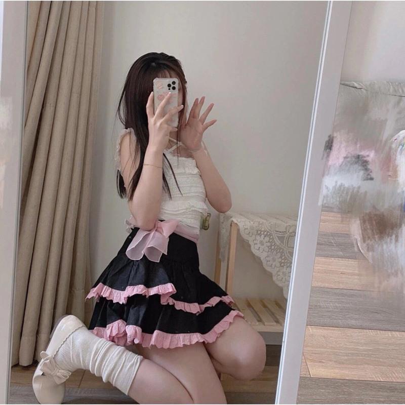 仙女蛋糕裙日系软妹可爱荷叶边蕾丝绑带韩版学生辣妹半身裙女闺蜜 黑色蛋糕裙+丝带 S