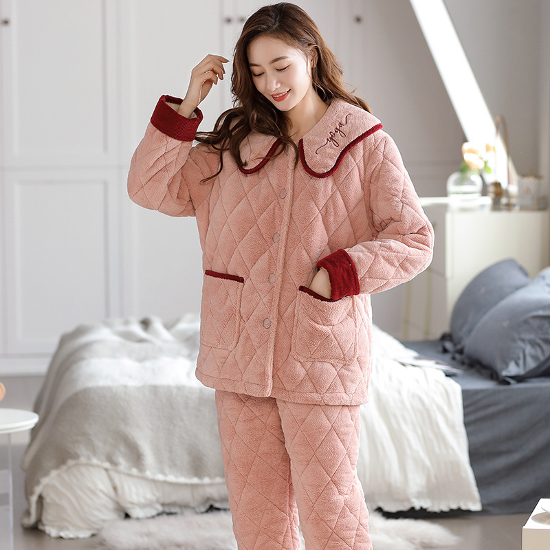 权小威妈妈装夹棉睡衣女士冬季三层加厚加绒棉袄秋冬款家居服套装