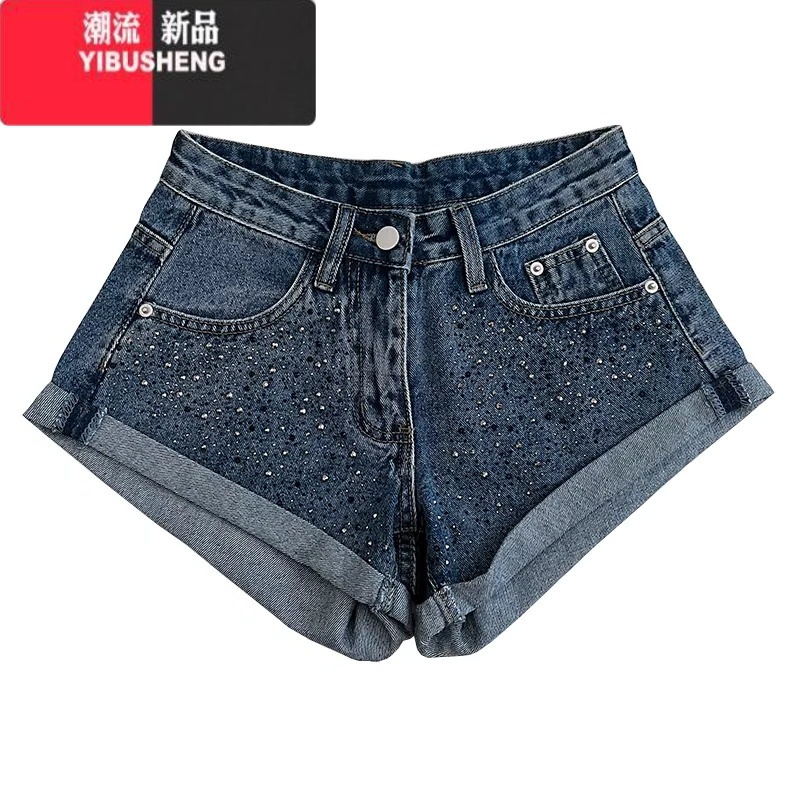 YIBUSHENG复古时尚设计感重工烫钻高腰显瘦牛仔短裤卷边阔腿裤休闲裤热裤女高清大图