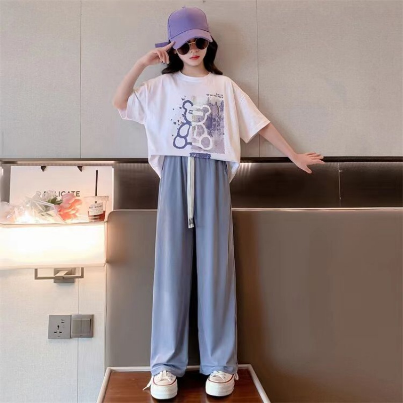 女童装夏装套装中大童洋气网红短袖T恤女孩休闲冰丝阔腿裤两件套 160码 蓝色（T恤+裤子）