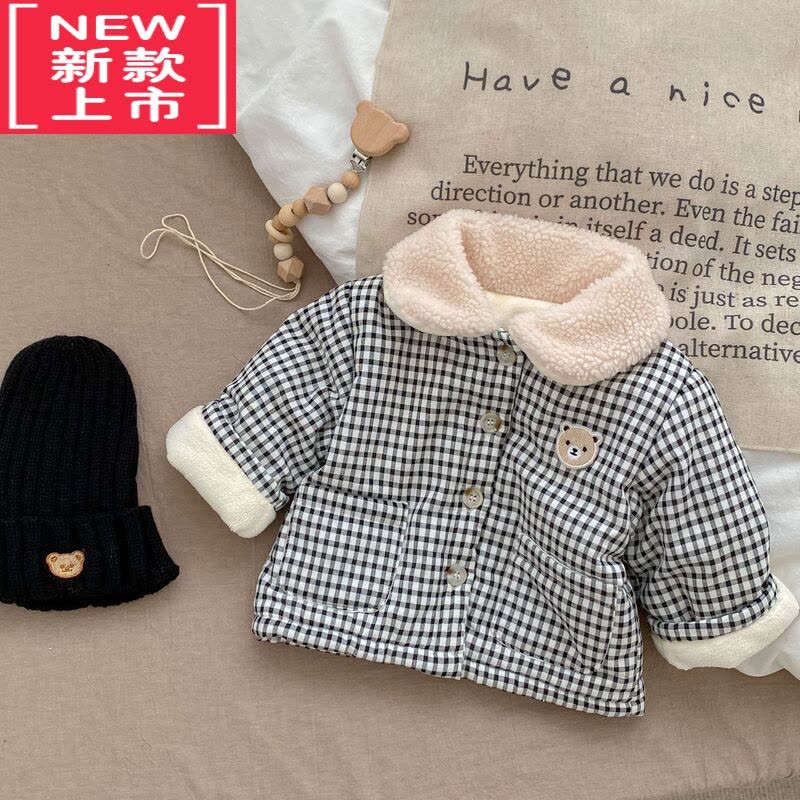 可莉允韩版格子婴儿冬季外套棉衣男女宝宝夹棉保暖棉袄加绒加厚儿童棉服图片