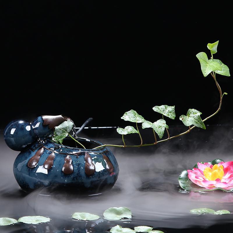 创意陶瓷流水器小摆件迷你喷泉客厅办公室桌面家居装饰品-黑色葫芦-五福流水