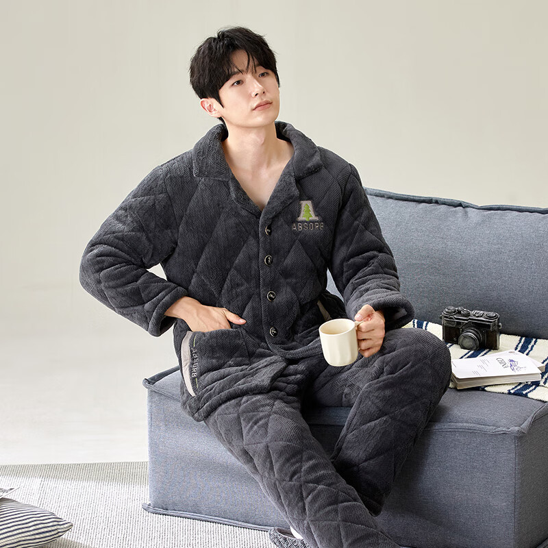 浪莎(LangSha)男士睡衣男冬季三层夹棉特厚保暖家居服中老年防寒长袖长裤可外穿 灰棕 XL