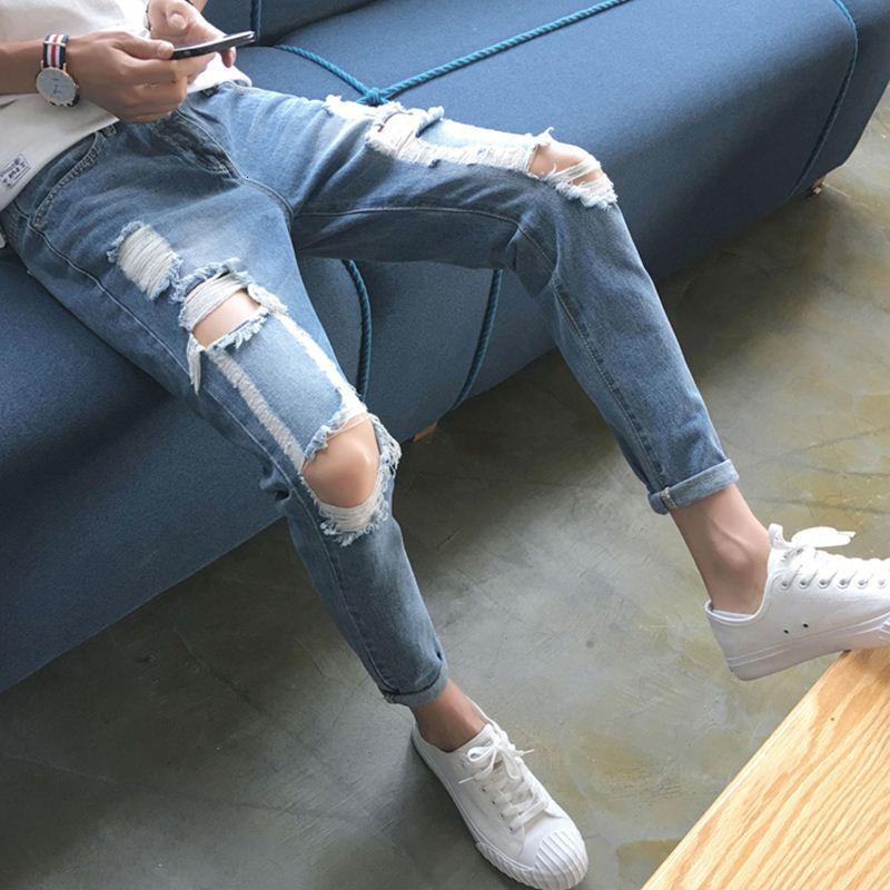 s号27破洞仔裤男破洞仔裤男宽松直筒乞丐裤浅蓝