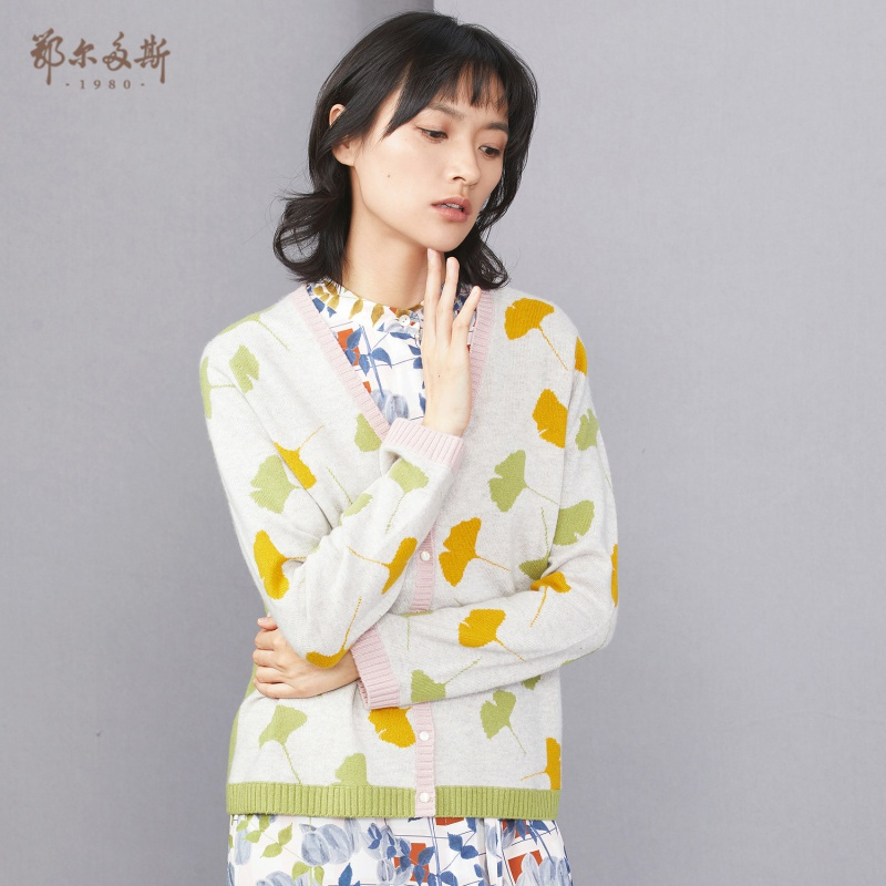 鄂尔多斯1980 秋冬V领提花女开衫羊绒衫