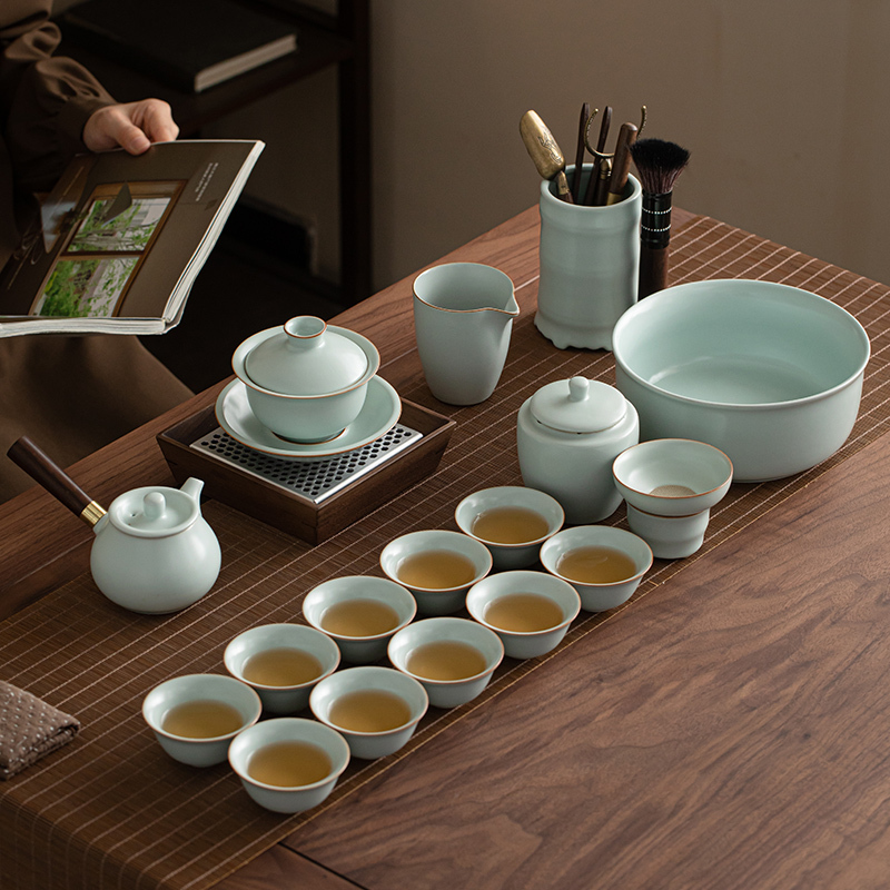 苏氏陶瓷(SUSHI CERAMICS)汝窑功夫茶具侧把泡茶壶三才盖碗茶杯茶洗六君子大套组礼盒装