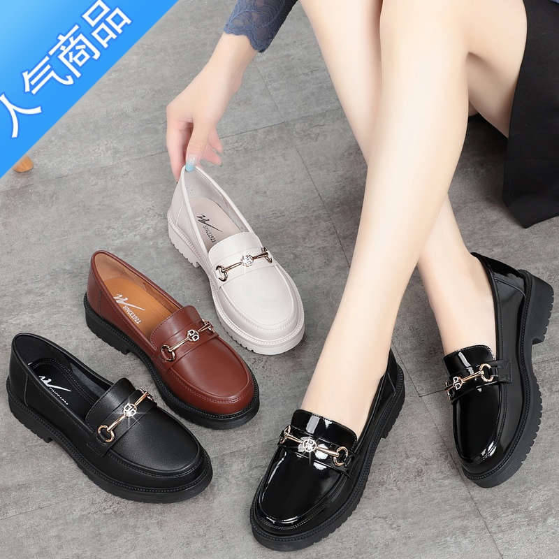 suntek乐福鞋女英伦风2022年新款春秋软底漆皮粗跟厚底女士皮鞋单鞋