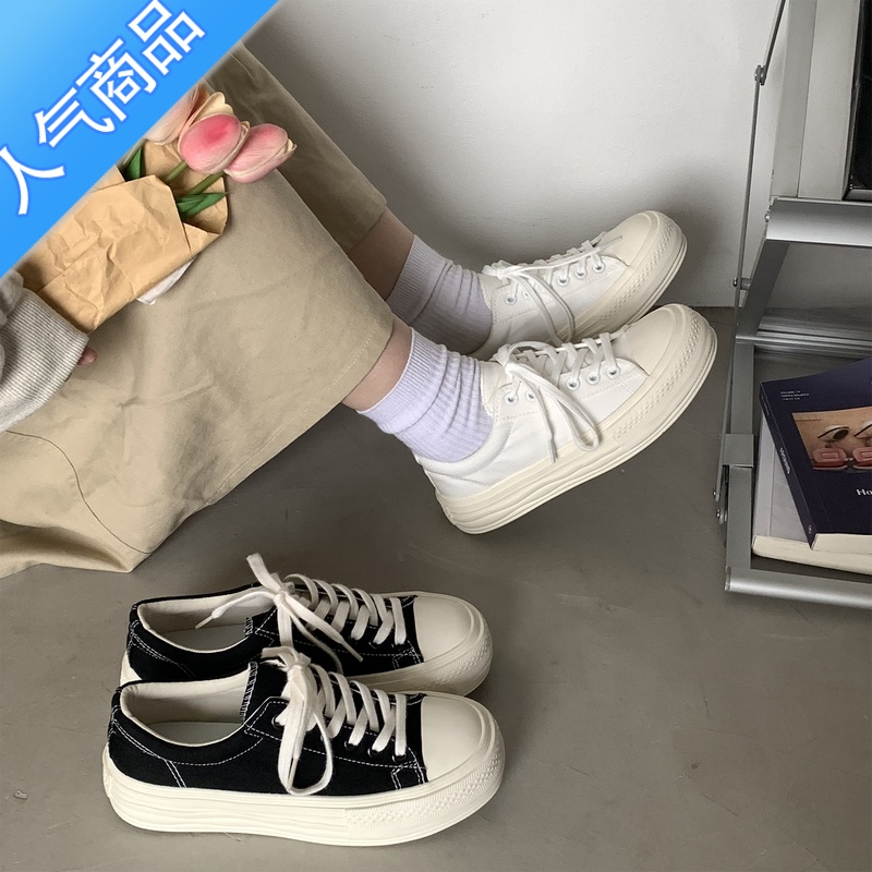 SUNTEK厚底帆布鞋女增高鞋2023新款小众百搭小白鞋复古休闲板鞋ins高清大图