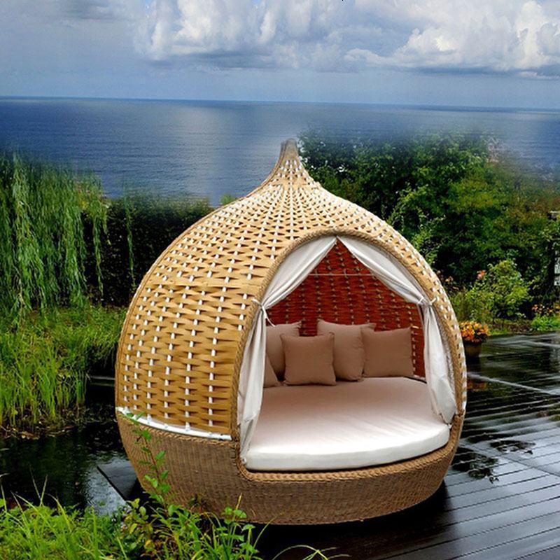 欧式户外编藤沙发组合别墅庭院酒店圆床会所游泳池室外鸟巢躺床