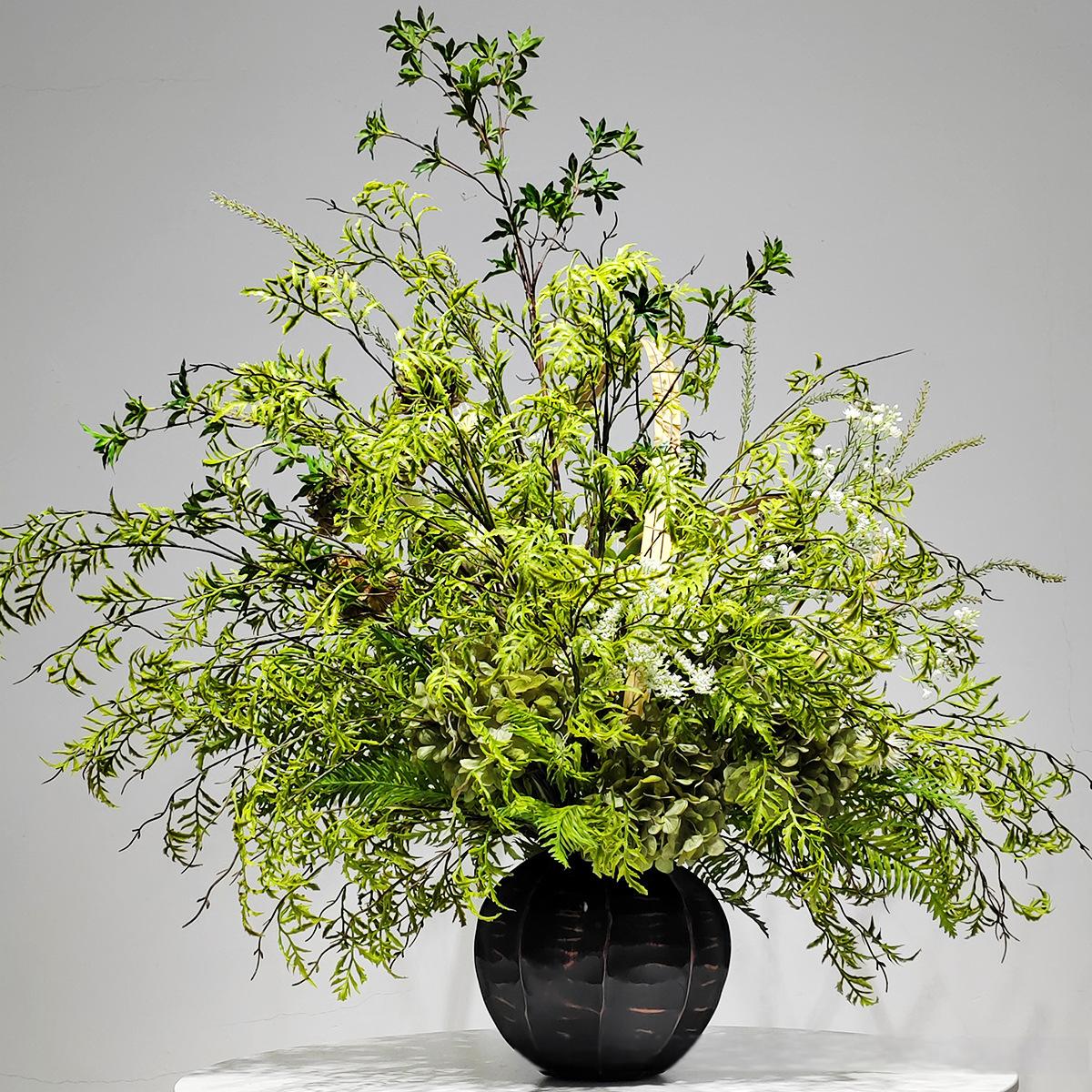 小窝厘 新中式仿真绿植花艺售楼处装饰玄关摆件 (树脂花器+仿真花+竹编)货号1400高清大图