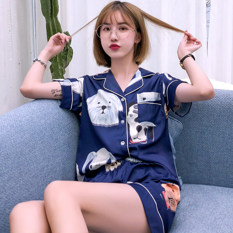 情侣睡衣夏卡通猫狗夏季冰丝短袖丝绸睡衣女夏家居服套装睡衣男夏