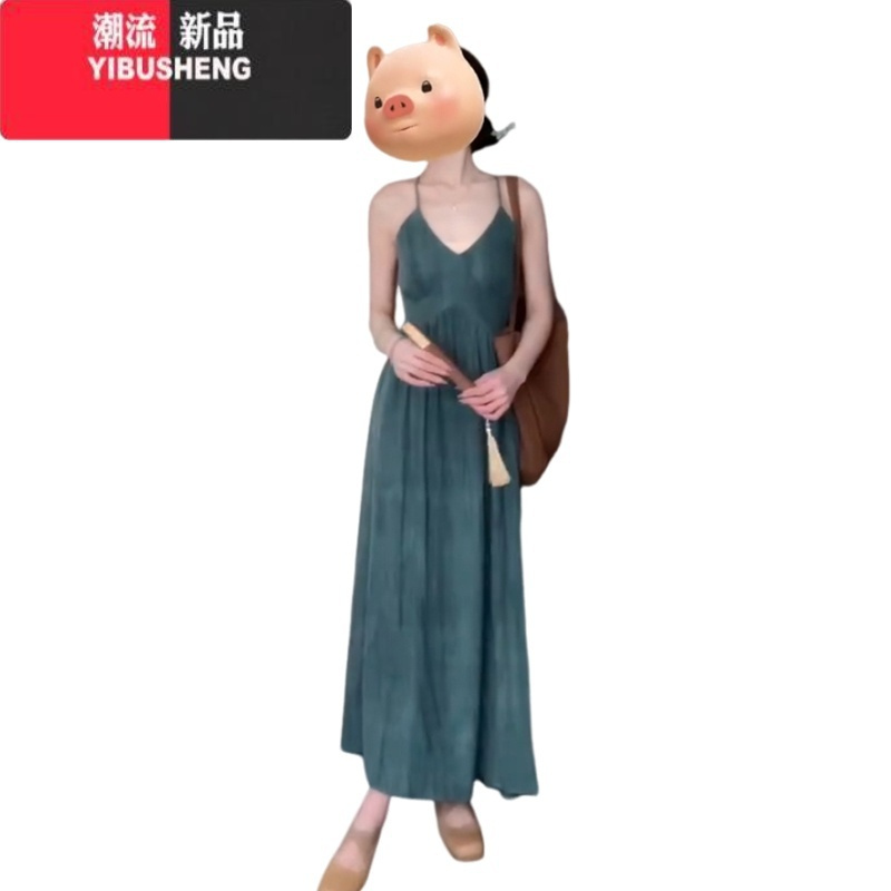 YIBUSHENG2024新款法式吊带连衣裙子女季高级感海边度假收腰绝美沙滩长裙