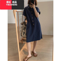 YIBUSHENG~日系工装亚麻衬衫裙女短袖中长款宽松休闲棉麻连衣装 L建议115-130斤 藏青