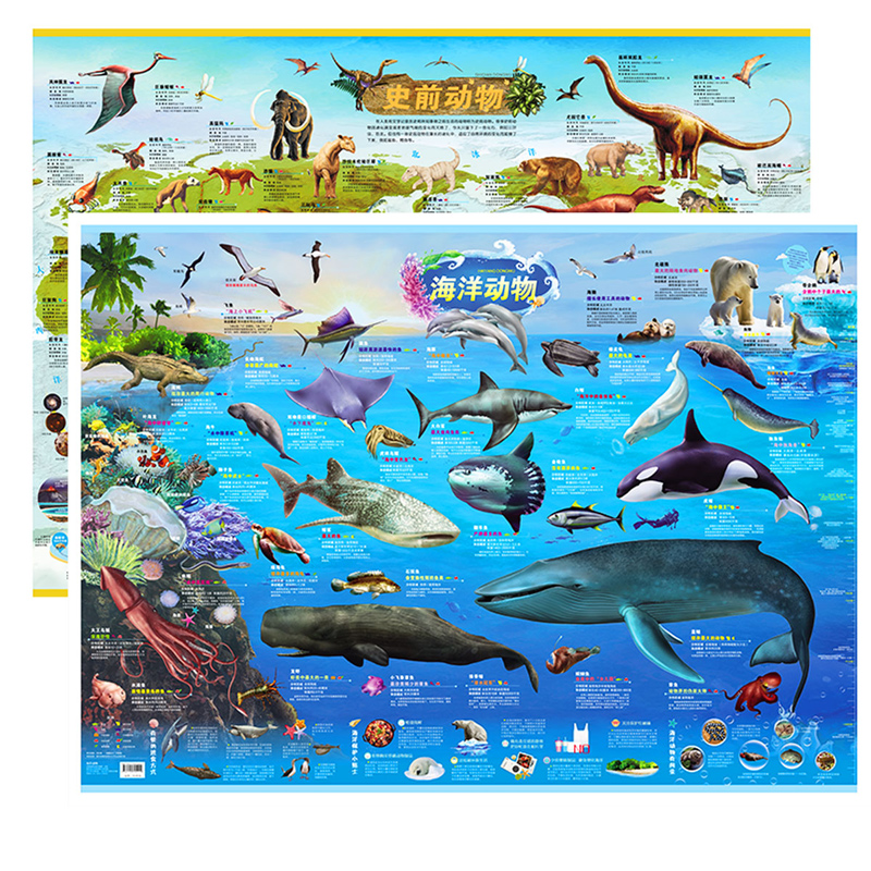 [共2张]史前动物+海洋动物 [正版]2024新版2张 史前动物地图+海洋动物地图墙贴儿童房超大挂图大尺寸高清远古恐龙书高清大图