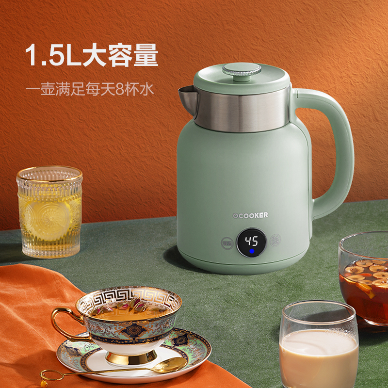 圈厨电水壶热水烧水壶复古电热水壶1.5L大容量304不锈钢大屏温度显示防干烧五档调温小米生态链SH-1501复古白