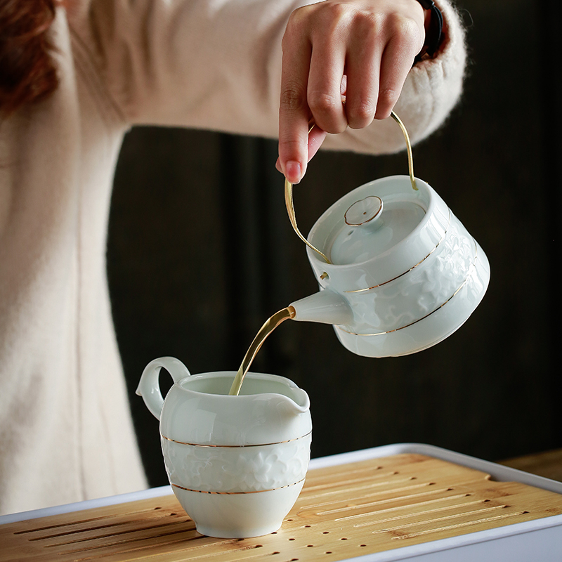 苏氏陶瓷茶盘茶托青瓷茶具套装手绘描金提梁功夫茶具一茶壶六茶杯