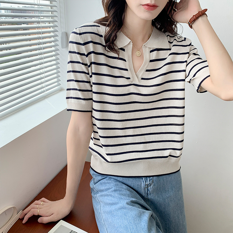 法式复古针织polo衫女夏季薄款宽松冰丝条纹短袖t恤上衣