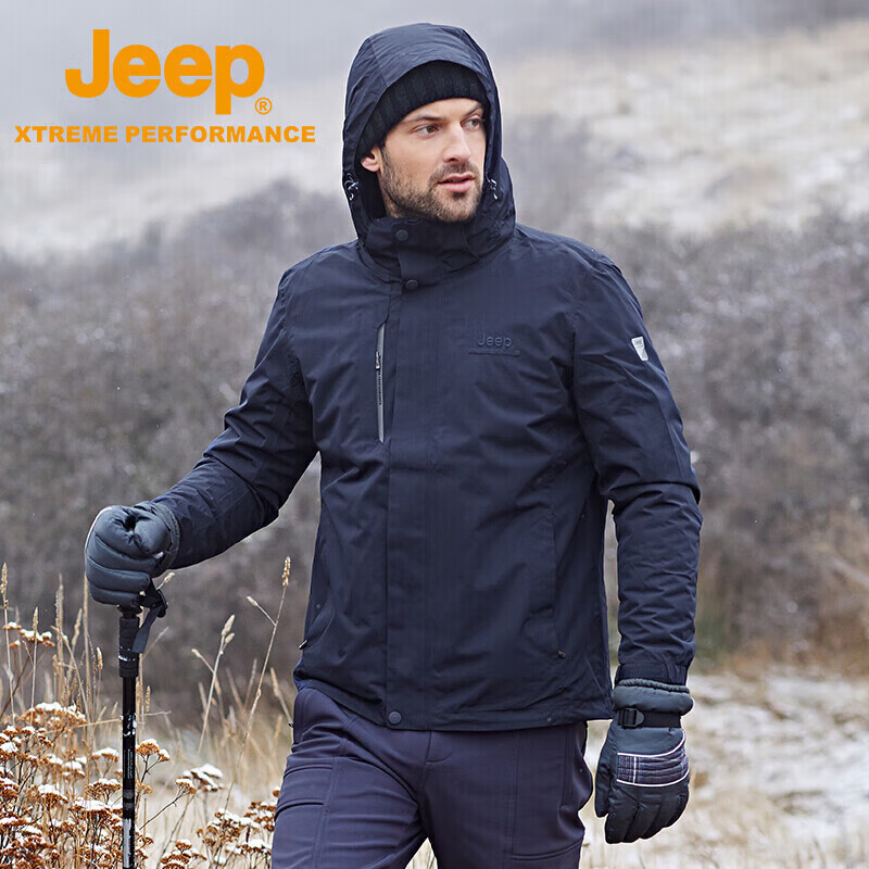 Jeep 男士冲锋衣抓绒两件套 户外冲锋衣男三合一情侣款防风防水保暖防寒服登山外套男 品牌黑 XL