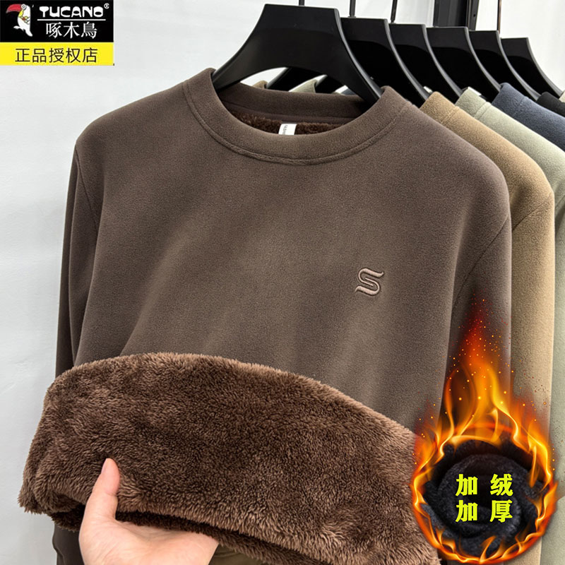 超厚驼绒】一体绒卫衣男士加绒加厚2025新款冬季圆领奥粒绒打底底高清大图