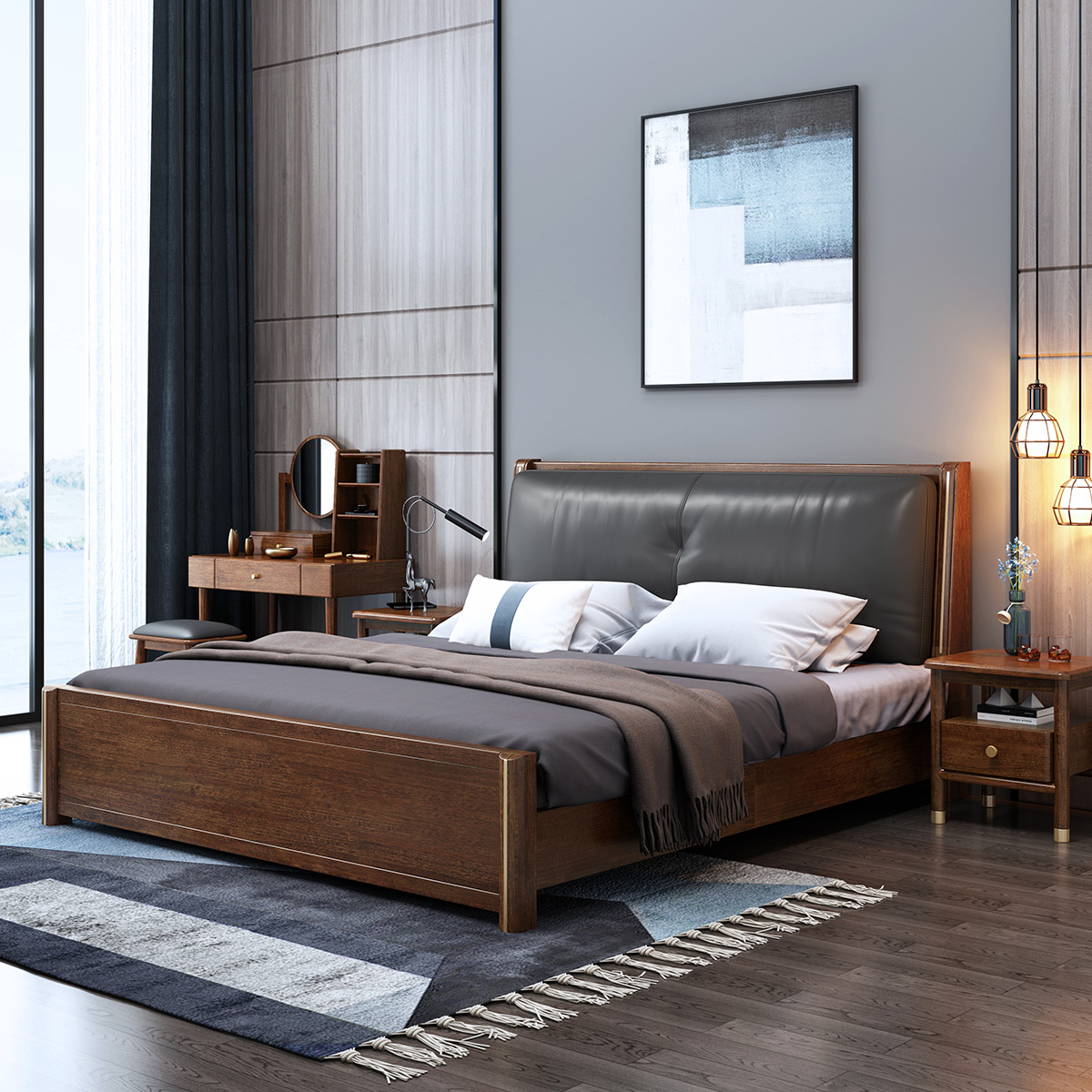 8米双人床新中式胡桃木实木软靠背皮床现代简约婚床