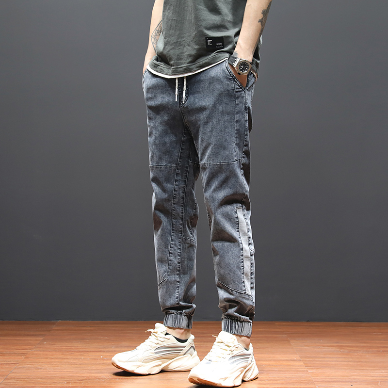 yuansu抽绳牛仔裤男松紧潮牌束脚裤男弹力宽松小脚男裤大码男士哈伦裤