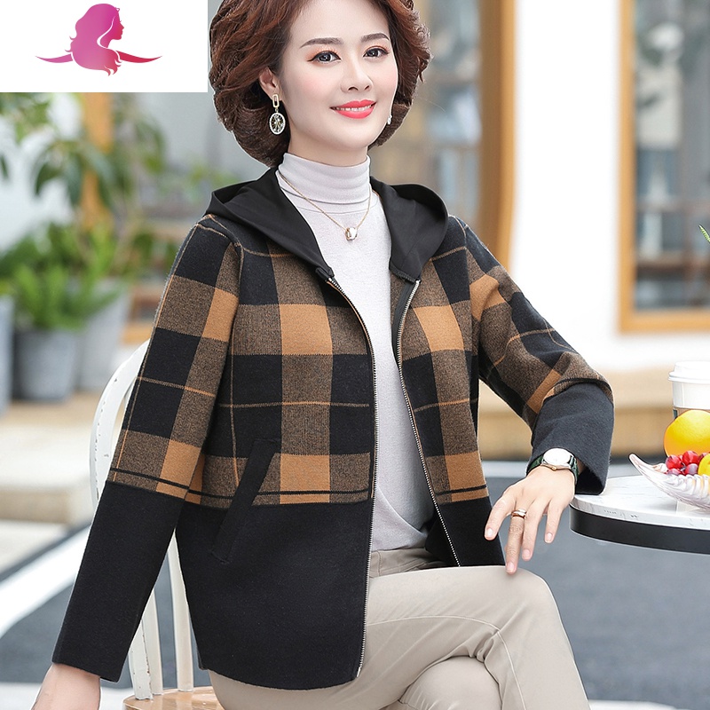 外套短款40岁50中年女春秋装连帽夹克衫中老年人格子上衣妈妈装参数