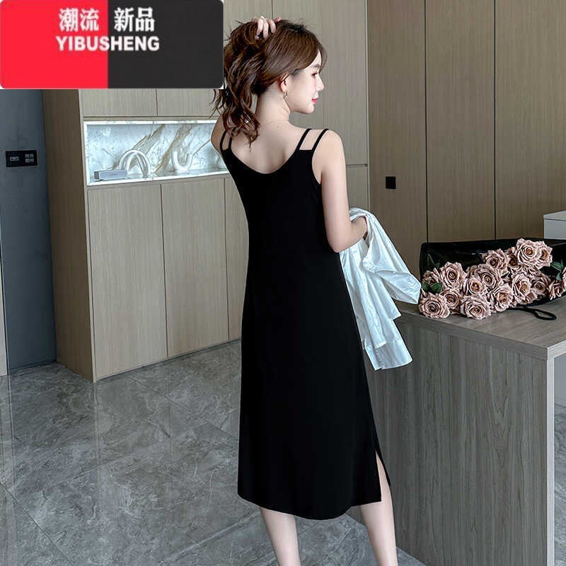 YIBUSHENG时尚黑色连衣裙女2024季新款修身显瘦遮肉吊带裙内搭打底长裙子高清大图