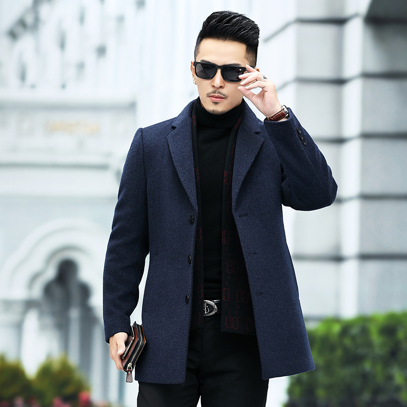 花花公子夹棉加厚男士外套中长款羊毛呢子大衣男时尚休闲男装衣服可拆