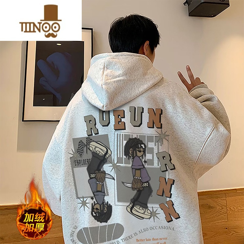 YANXU美式卡通卫衣男生加绒加厚潮牌连帽外套oversize上衣式高清大图