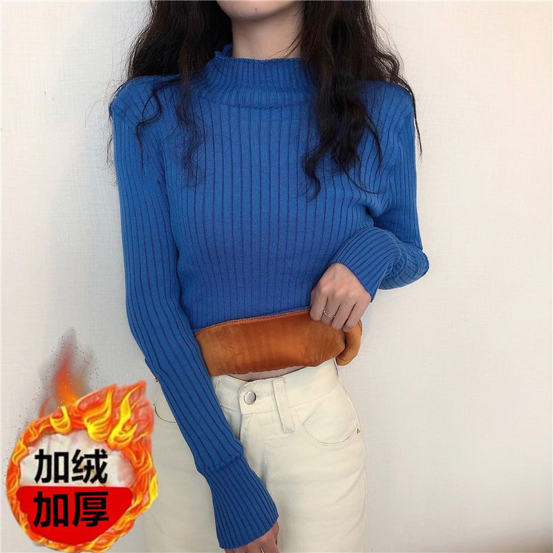 秋冬2021加绒加厚半高领毛衣女针织衫新款修身内搭保暖打底衫上衣