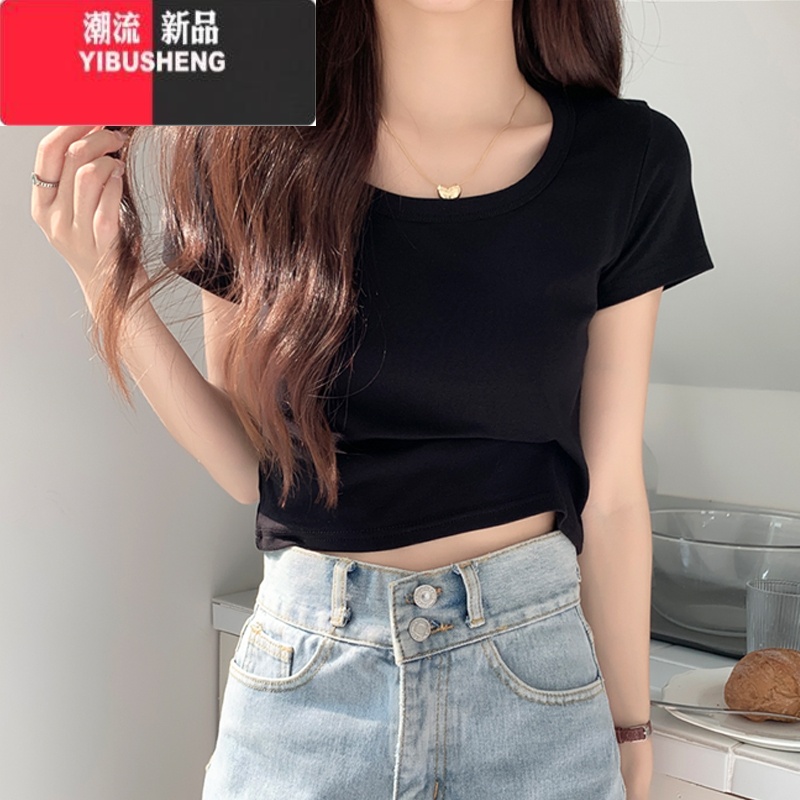 YIBUSHENG正肩短袖t恤女2024新款季酒红色修身内搭短款穿搭显瘦上衣 黑色 M推荐85-100斤