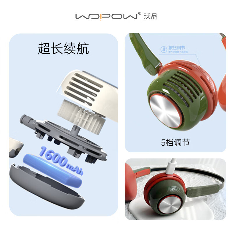 沃品(WOPOW)便携式5档风力调节复古挂脖风扇FA16 白色高清大图