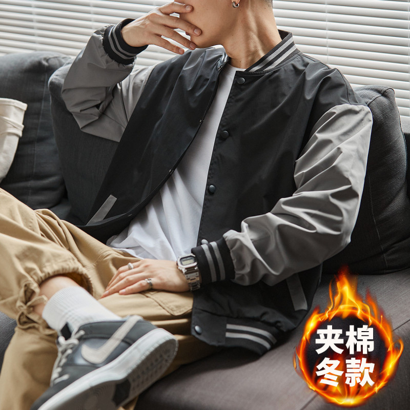 唐狮棉服男冬季休闲宽松拼接夹棉棒球服男士棉服棉衣外套男冬季外套男