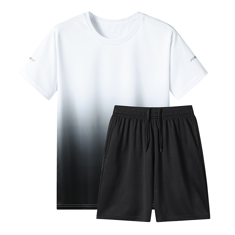 啄木鸟夏季冰丝套装男士轻薄款速干透气休闲运动短袖短裤爸爸男装 TZ306白黑套装 M
