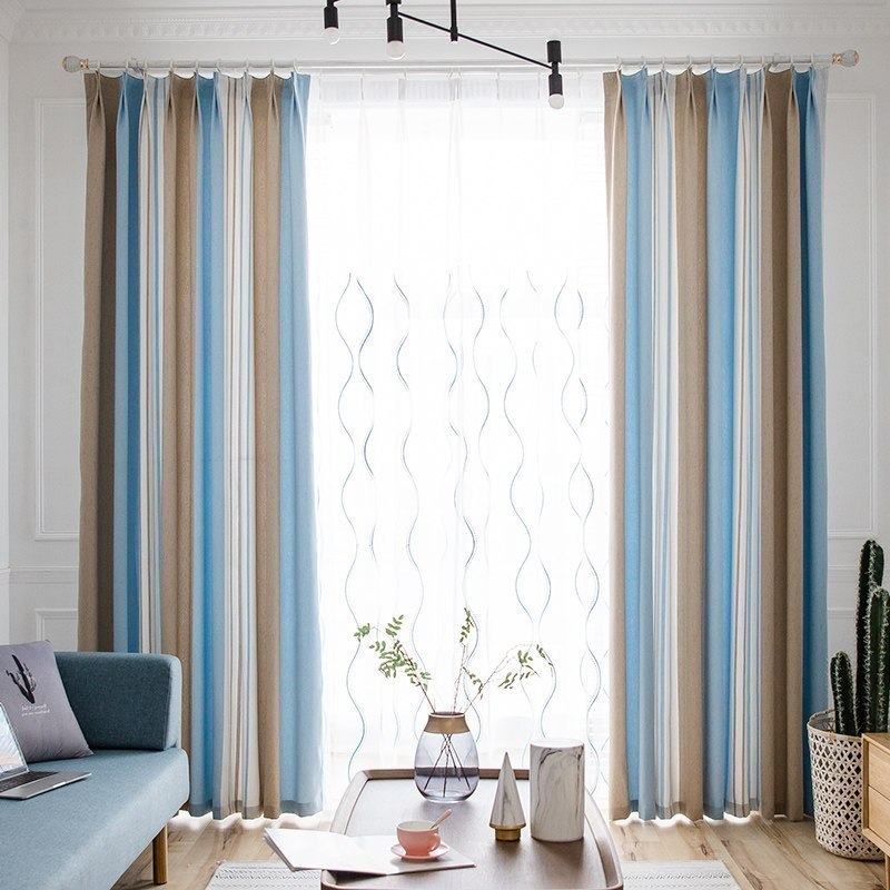 美帮汇2024新款风北欧现代简约条纹卧室客厅书房遮光窗帘布定制成品 幸运蓝灰色织 宽4.0*高2.7一片挂钩（可改短）