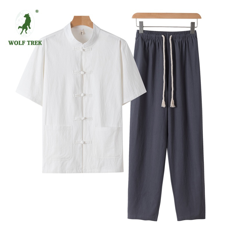 [七匹狼国际公司授权WOLF TREK ]夏季棉麻套装男士中国风盘扣开衫唐装大码衬衫短袖中国纯色两件套