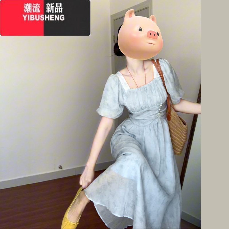 YIBUSHENG法式泡泡袖方领蓝色连衣裙女2024新款温柔高级感收腰气质长裙子 连衣裙大方得体的裙子/简单大方/厅里厅气/小众设计师/钓系约 55/60kg/L