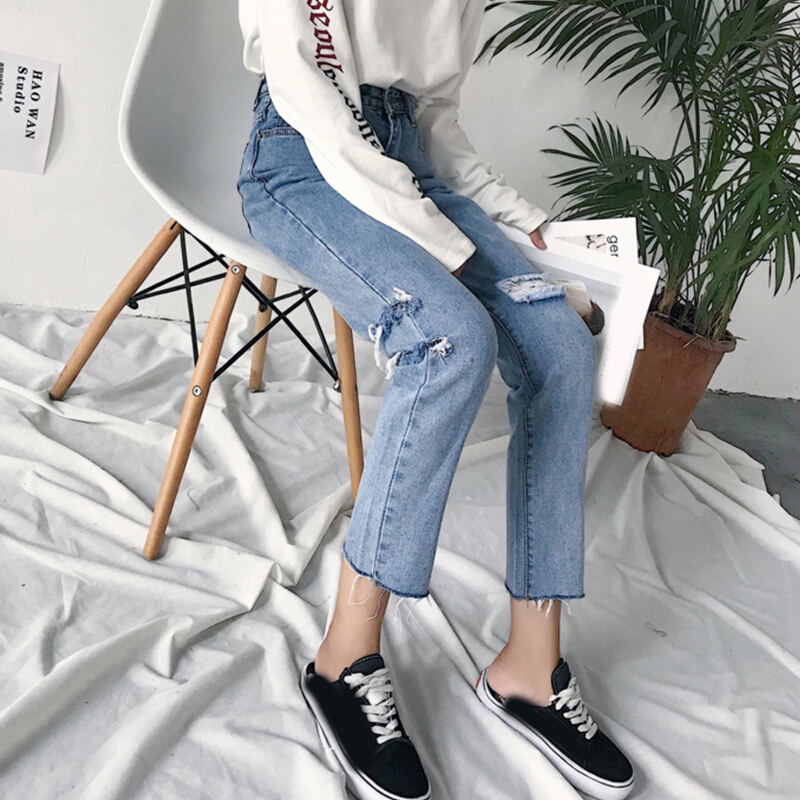 秋季韩版复古bf风个性破洞牛仔裤女宽松显瘦高腰九分裤直筒裤蓝色
