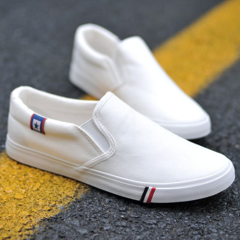 白色一脚蹬豆豆鞋男士春夏帆布鞋韩版青少年百搭布鞋学生休闲板鞋a05