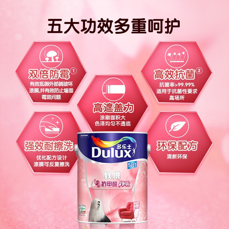 多乐士(Dulux)致悦竹炭抗甲醛净味5合1 油漆涂料 内墙乳胶漆 墙面漆 A8146