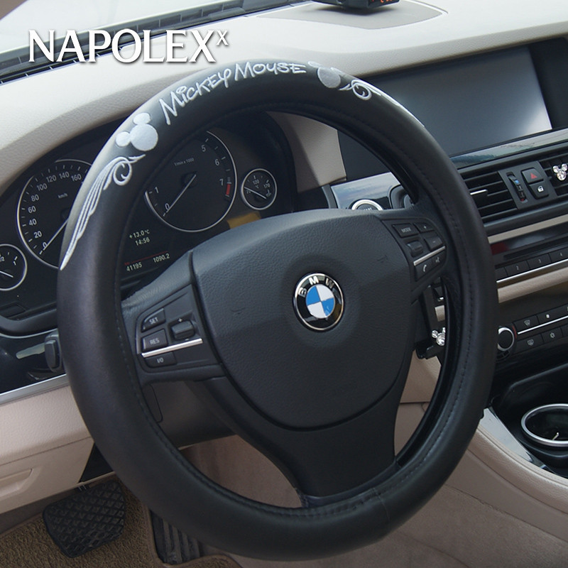 NAPOLEX 2015新款时尚米奇天使之翼PU方向盘套WDC072汽车用品四季通用方向盘套 可爱冬季毛绒把套(M黑色)