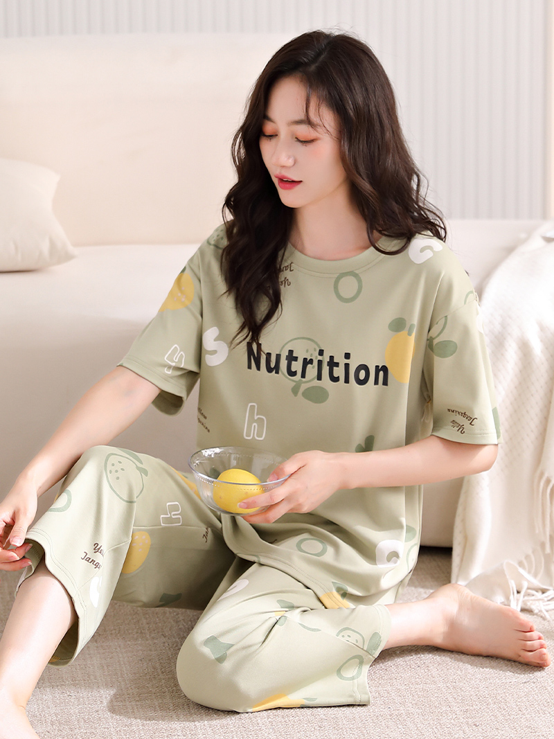 睡衣女款夏季2025新款纯棉短袖七分裤可外穿甜美大码家居服春秋款 XXL LF329