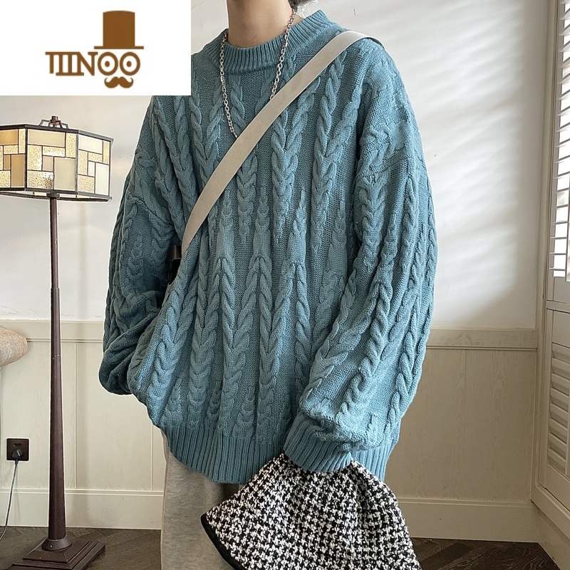 YANXU日系麻花宽松毛衣外穿男女情侣韩版设计慵懒风港风圆领针织外套男高清大图