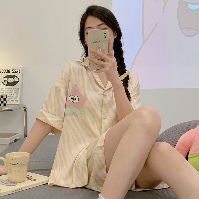 睡衣女夏季冰丝短袖短裤薄款2026条纹卡通印花宽松大码可外穿家居