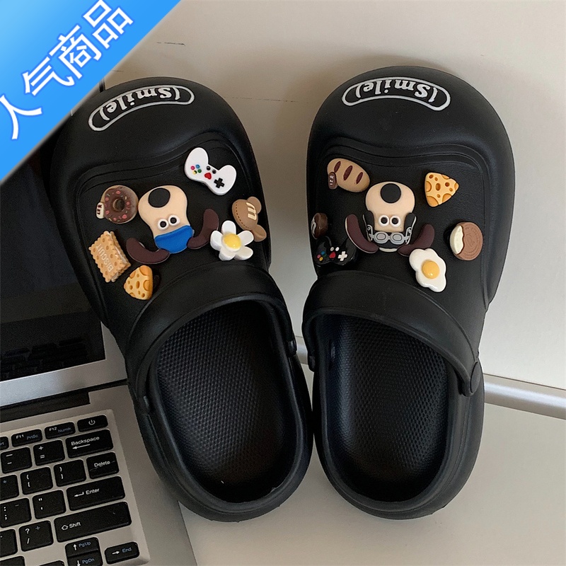 SUNTEK 趣味可爱大头小狗配饰洞洞鞋男女外穿百搭踩屎感eva凉鞋夏 黑色 36-37