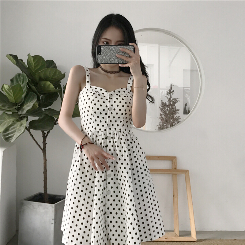 连衣裙女夏2018港味复古波点印花修身性感露背撩汉带裙