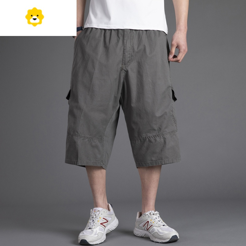 fishbasket加肥加大码休闲短裤男士宽松纯色中年多口袋工装七分裤肥佬