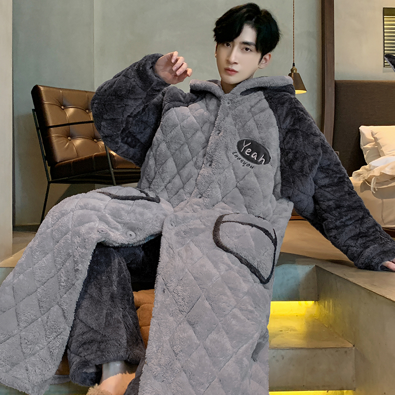 男士睡衣秋冬季珊瑚绒加厚加绒冬天长版睡袍三层夹棉家居服套装生
