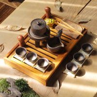 言艺(yanyi) 整套茶具套装实木茶盘懒人半全自动石磨泡茶器陶瓷茶壶茶杯 小陶磨配厚德载物棕